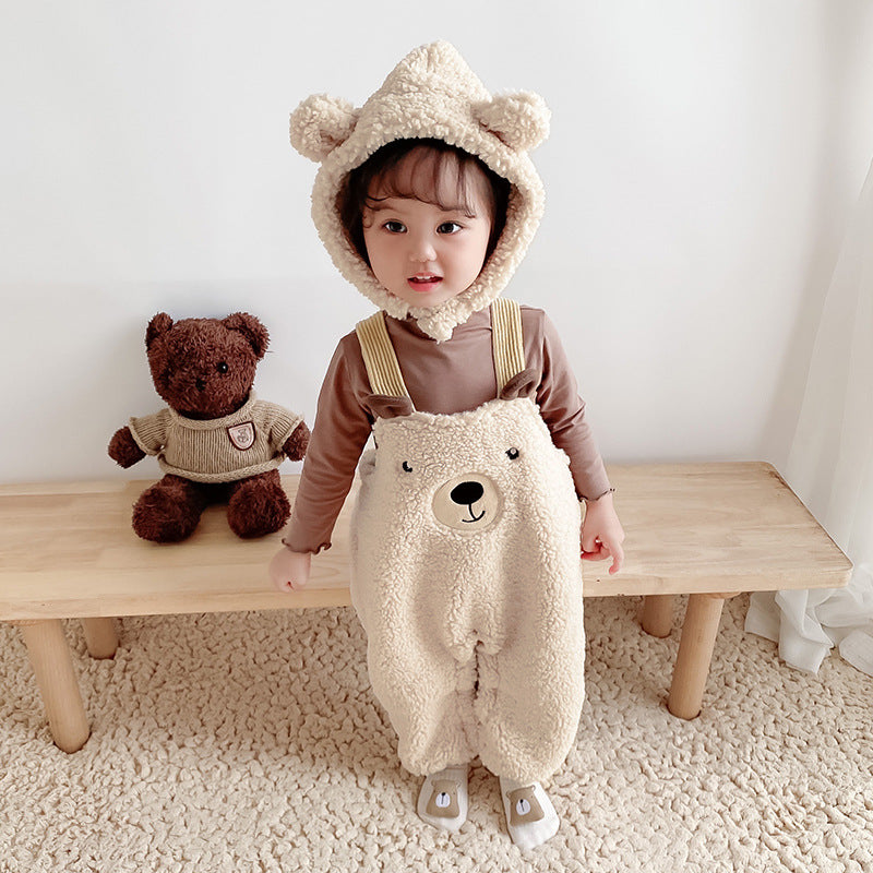 Winter Bear Hug Jumpsuit - Cozy Velvet Baby Apparel with Suspenders for Autumn