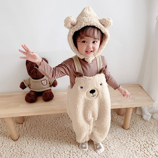 Winter Bear Hug Jumpsuit - Cozy Velvet Baby Apparel with Suspenders for Autumn