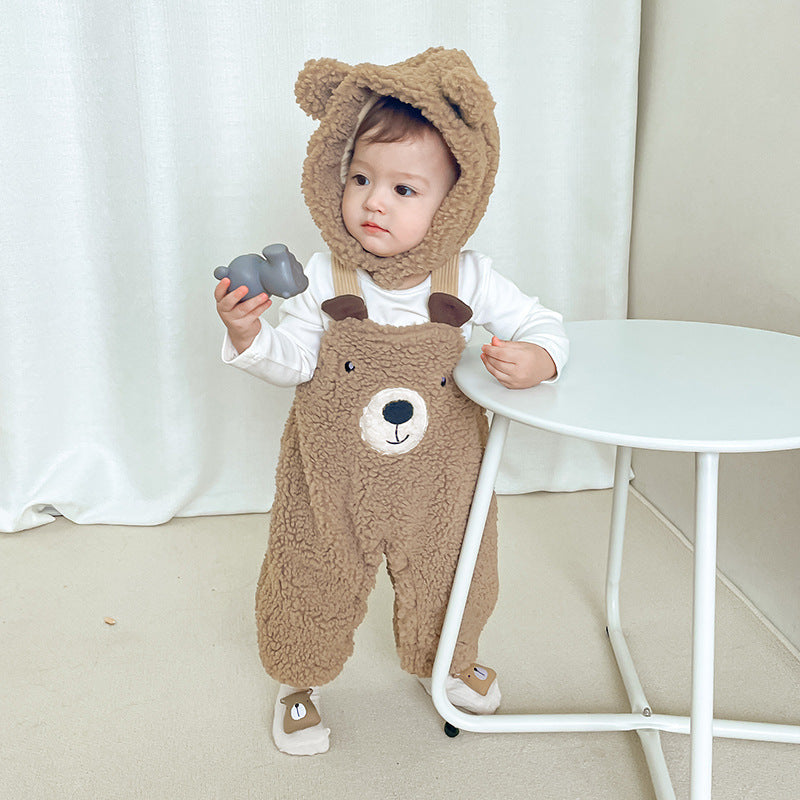 Winter Bear Hug Jumpsuit - Cozy Velvet Baby Apparel with Suspenders for Autumn